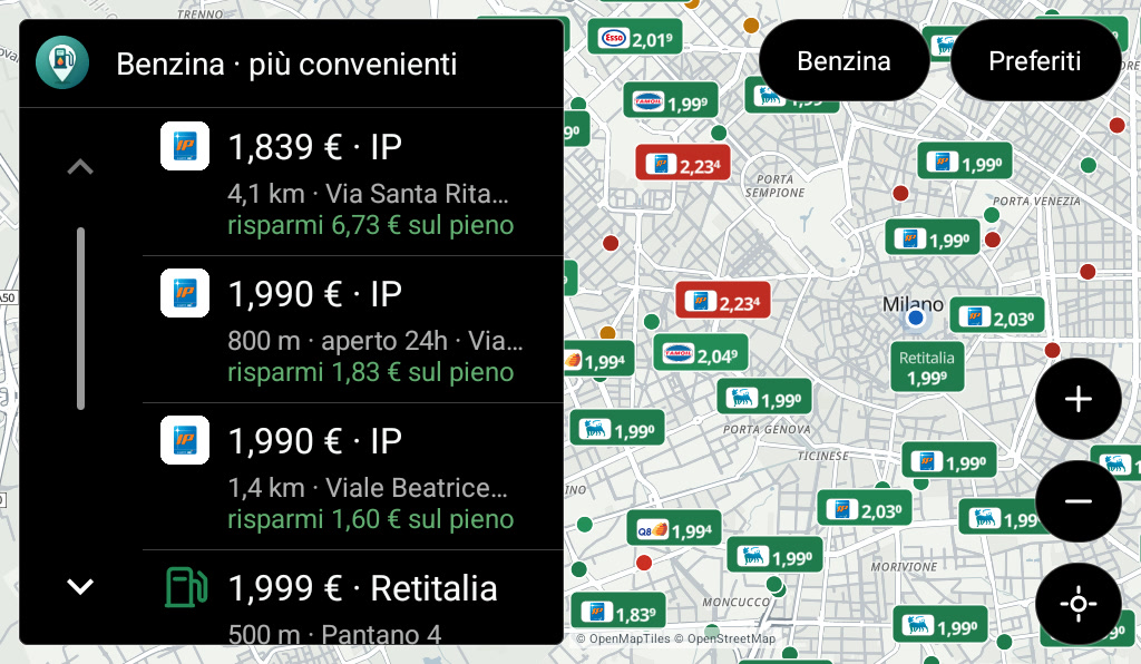 Android Auto: Sullo schermo dell'auto i più convenienti, con quanto si risparmia sul pieno, e i prezzi sulla mappa.