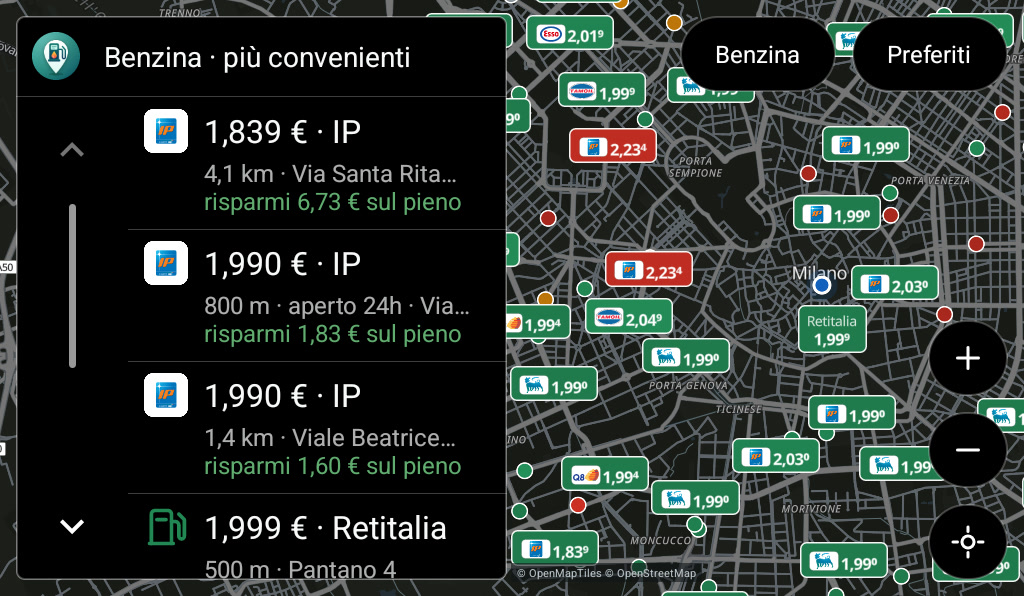 Android Auto · di sera: La mappa si scurisce per non abbagliare chi guida.