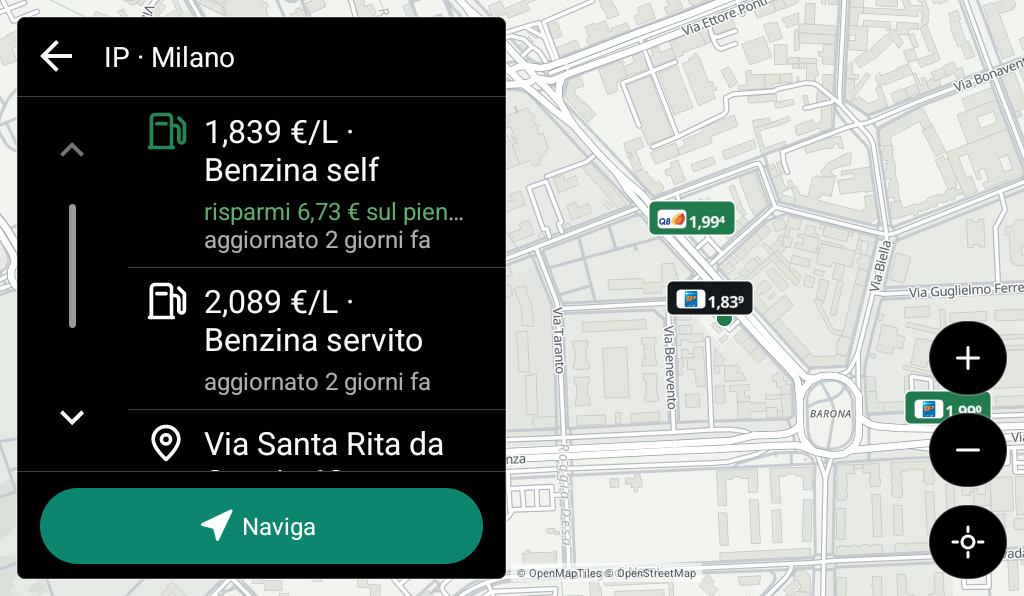 Android Auto · scheda: Prezzi self e servito, indirizzo e «Naviga», che apre il navigatore scelto.