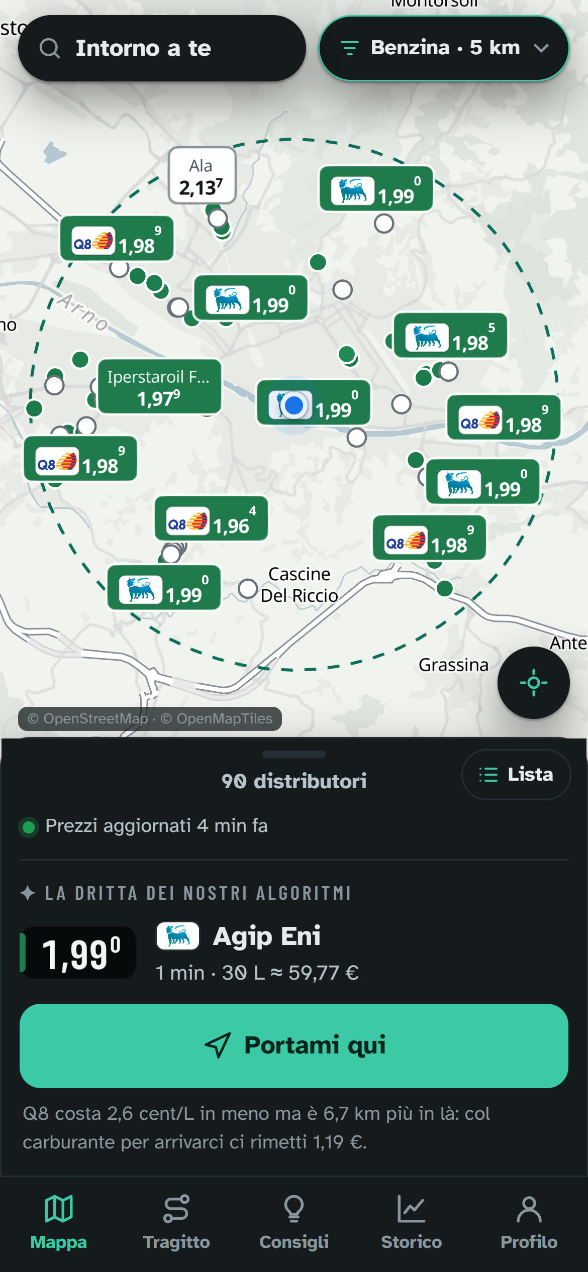 La dritta: Il Q8 costa 2,6 cent/L in meno ma è 6,7 km più in là: l'app lo dice e mostra il conto.