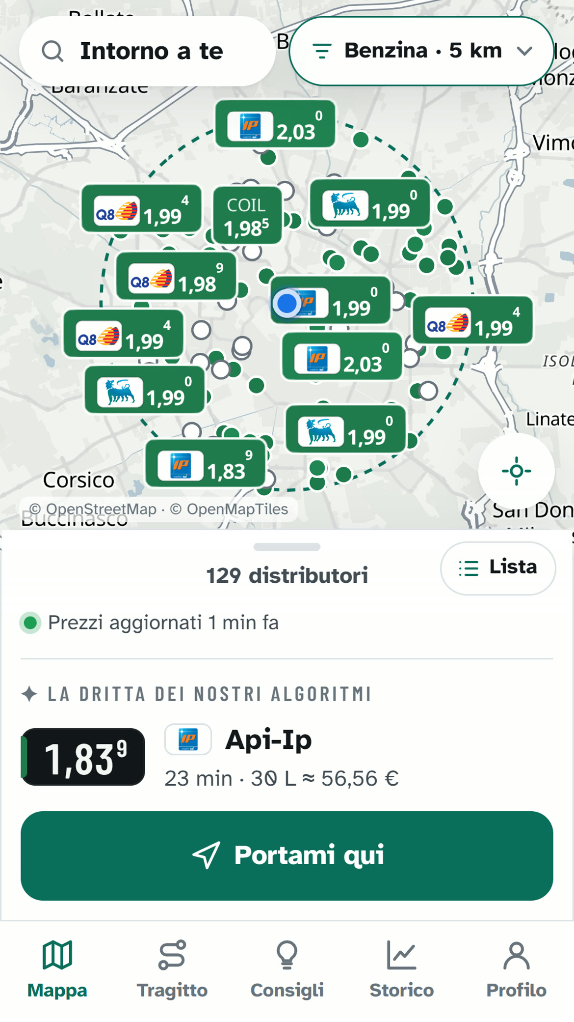 La mappa: Ogni distributore con logo e prezzo; in verde quelli che convengono. Sotto, «la dritta» e «Portami qui».